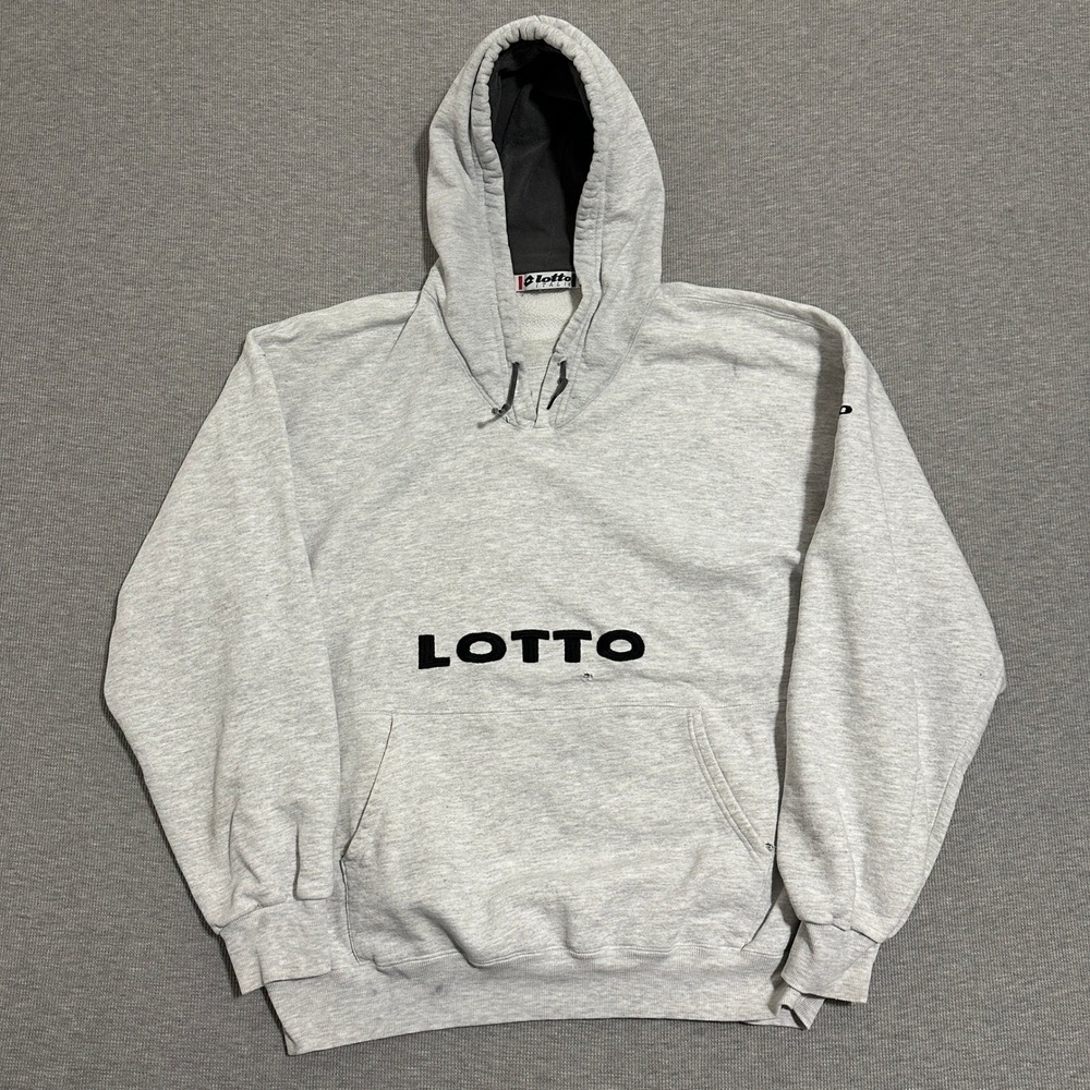 Lotto Italia Mens Gray Spellout Logo Pullover Hoodie Vintage‎ 90s Sportswear